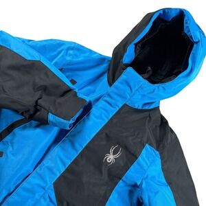 Spyder Kids ski snowboarding coat Blue/Black waterproof Insulated Hooded Sz S 8